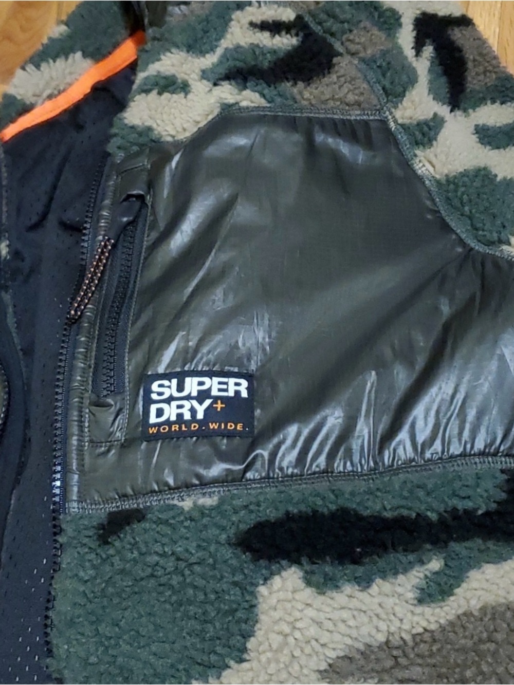 Superdry Green Camo Sherpa Puffer Jacket with Orange Accent